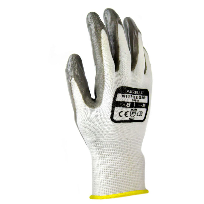 Grip Range - Aurelia Nitrile Grip - Grey Nitrile Palm Coated with Nylon Liner Glove Pack Of 12