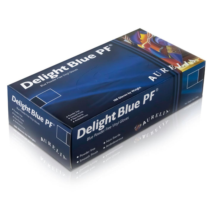 Aurelia Delight Blue PF Very Soft, Thin Vinyl Disposable Gloves for all Sensitivity Applications Box of 100