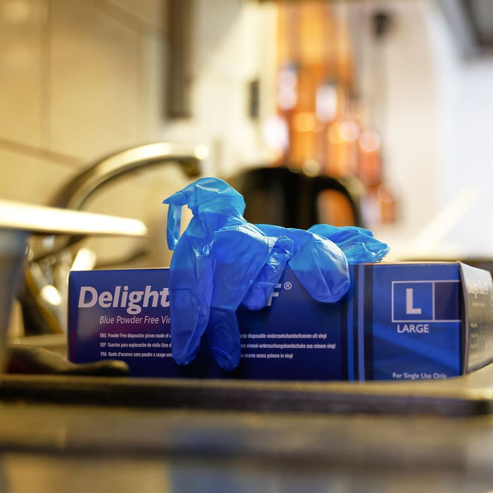 Aurelia Delight Blue PF Very Soft, Thin Vinyl Disposable Gloves for all Sensitivity Applications Box of 100